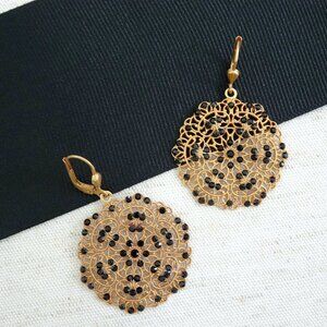 Catherine Popesco vintage style gold filigree earrings, black crystals NWT